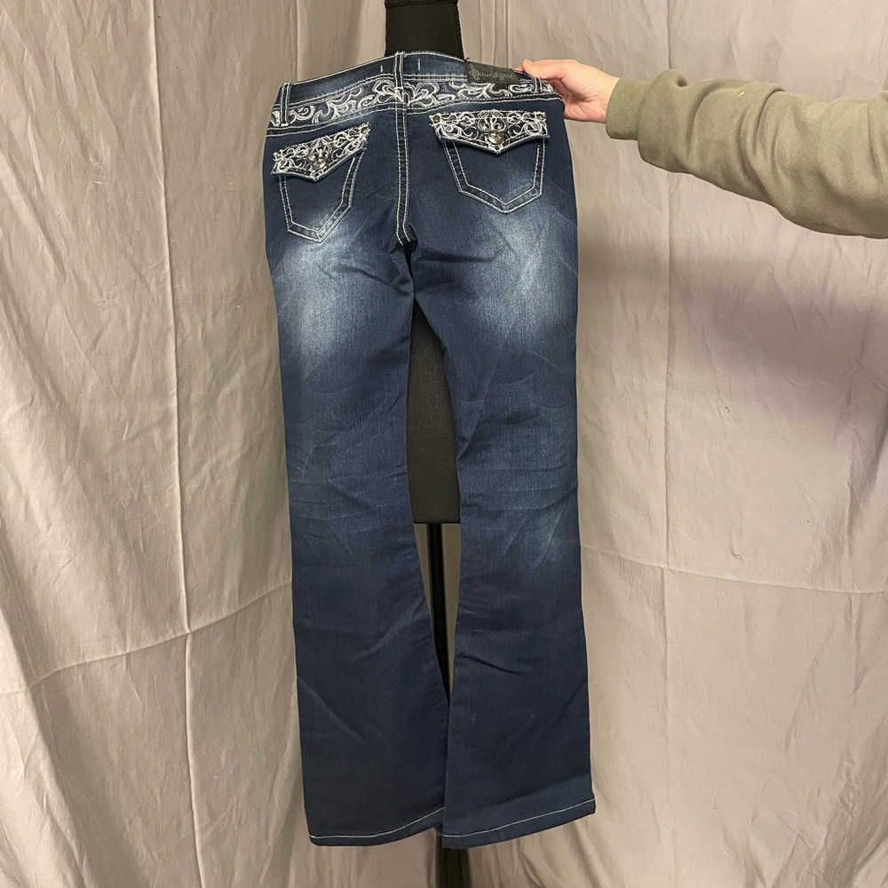 Soundgirl Vintage Y2K Dark Blue Boot Cut Jeans with Embroidered Sequin Pockets - Picture 1 of 13